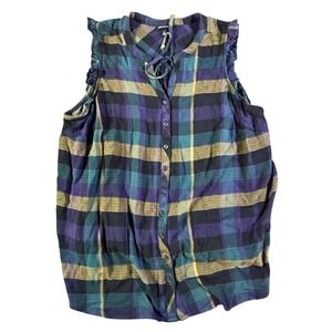 Torrid Plaid Sleeveless Button Up Top‎ Size 2 Purple Green Casual Blouse